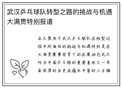 武汉乒乓球队转型之路的挑战与机遇大满贯特别报道